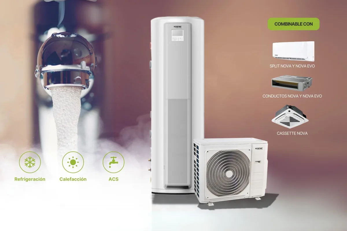 Depósito de agua caliente y unidad exterior Kosner, con las funciones de refrigeración, calefacción y agua caliente sanitaria