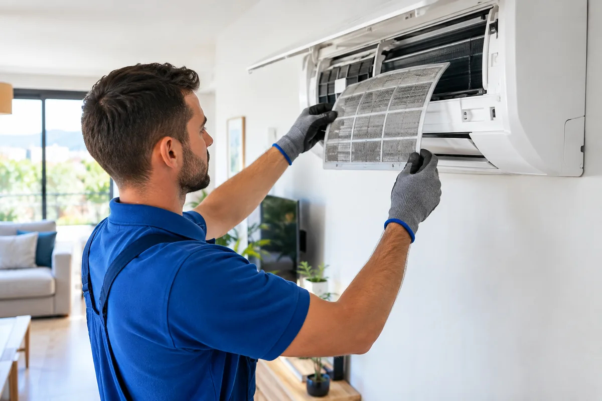 Técnico de climatización limpiando el filtro de una unidad interior de aire acondicionado