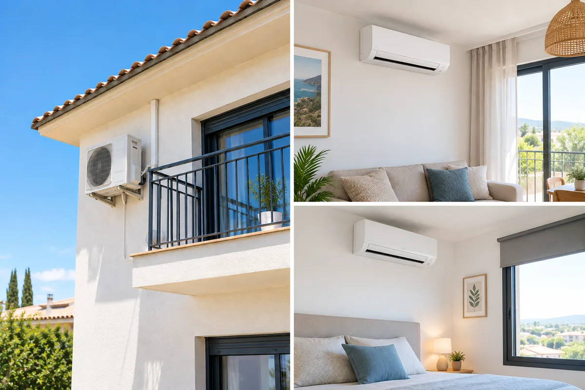 Fachada con una unidad exterior de aire acondicionado y dos estancias con unidad interior: un salón y un dormitorio